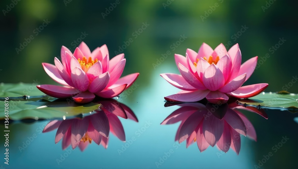 Intricate floral design reflected on calm lake surface, design element, flowers Intricate floral design reflected on calm lake surface, design element, flowers