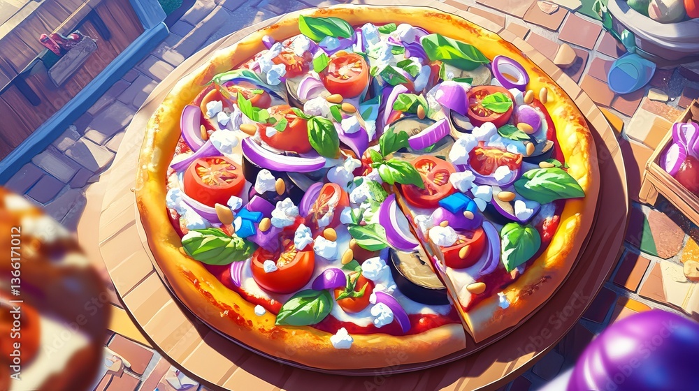 Fototapeta premium A colorful pizza is shown from above. It has eggplant, red onion, feta cheese, tomatoes, basil, mint, pine nuts, mozzarella, and a creamy sauce. It looks perfectly baked with a golden crust.