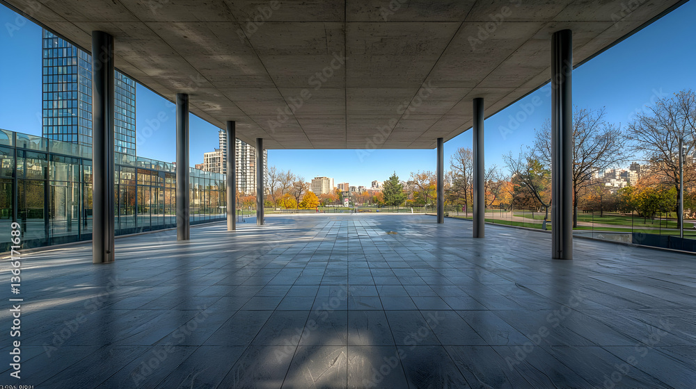 Fototapeta premium Concrete Canopy With Metal Columns Overlooking City Buildings And Trees Under Blue Sky