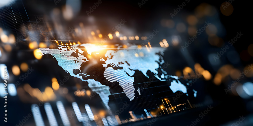 Global network connection visualized with a world map displayed on a digital screen, illuminated with warm light accents. Data streams and graphs subtly suggest worldwide connectivity and data flow