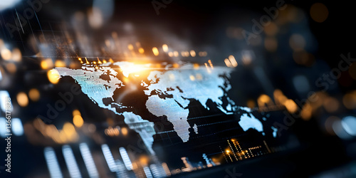 Obraz na płótnie Global network connection visualized with a world map displayed on a digital screen, illuminated with warm light accents. Data streams and graphs subtly suggest worldwide connectivity and data flow w salonie
