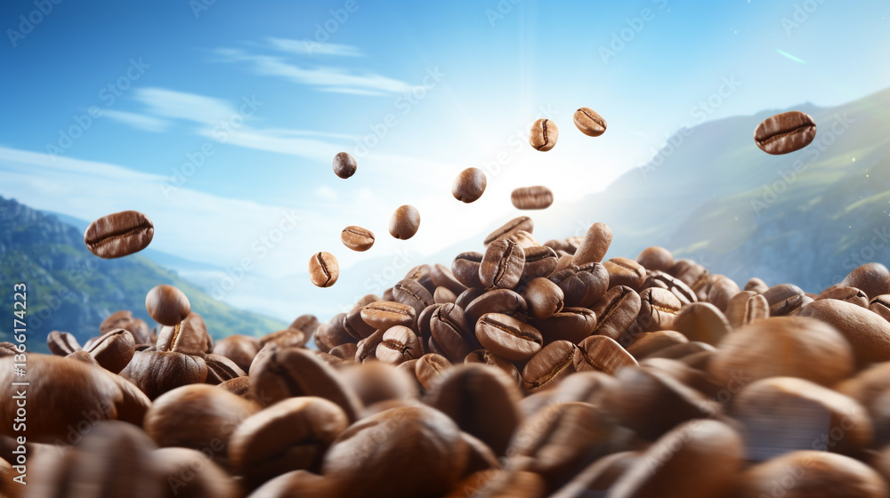 Obraz premium Aromatic Coffee Beans Falling Against Mountain Landscape Premium Stock Image