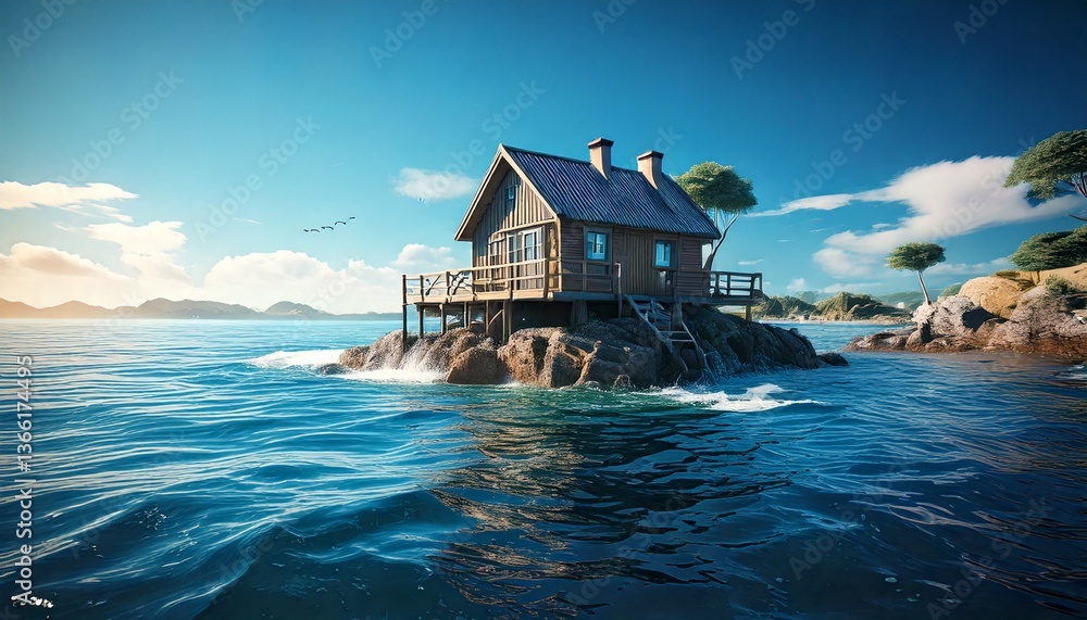 Fototapeta premium Illustration of a small hut in the middle of the sea