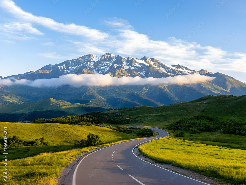 Naklejka premium Scenic winding road through lush green hills leading towards a majestic snow-capped mountain range under a vibrant blue sky. Sunlight bathes the landscape creating a tranquil atmosphere