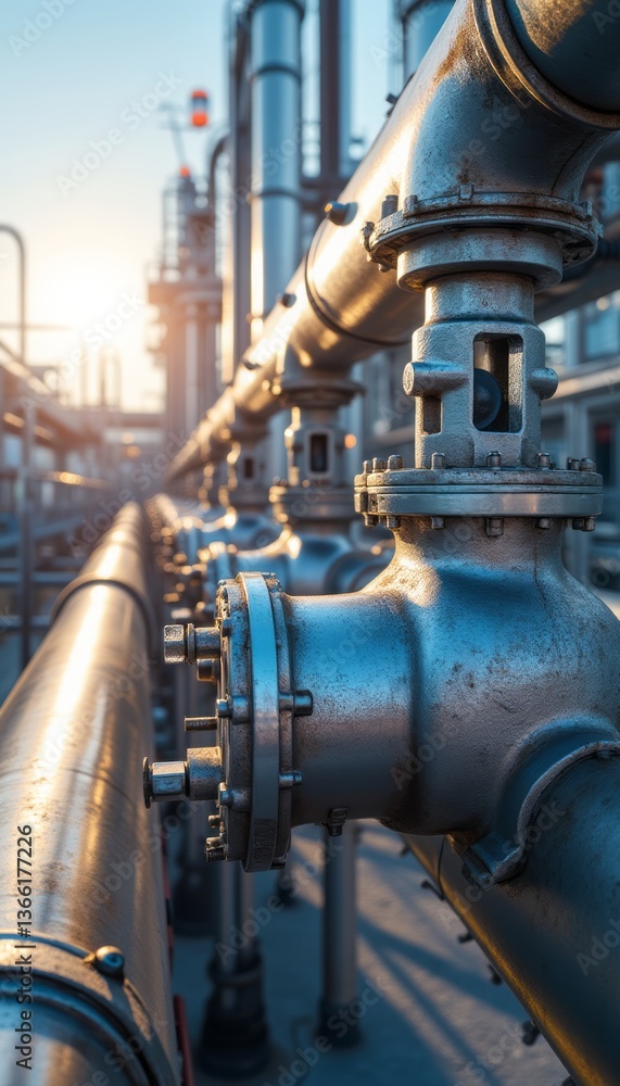A stunning view of metallic pipes and valves stretches into the distance, illuminated by the warm glow of the setting sun. This industrial scene captures the intricate details of machinery, showcasing A stunning view of metallic pipes and valves stretches into the distance, illuminated by the warm glow of the setting sun. This industrial scene captures the intricate details of machinery, showcasing