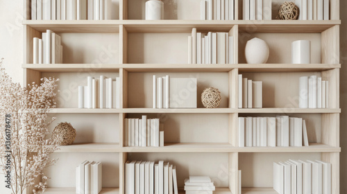 Fototapeta Naklejka Na Ścianę i Meble -  Modern minimalist bookshelf filled with white books and decorative objects, set in a bright, serene interior space