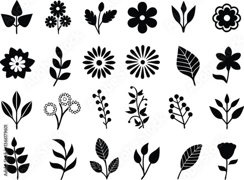 Botanical silhouettes of diverse plant species with floral and herb outlines in a vintage herbarium style

