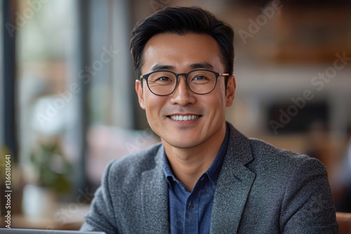 Close up portrait of successful asian financier investor, adult boss smiling and looking at camera, man working inside office at workplace with laptop