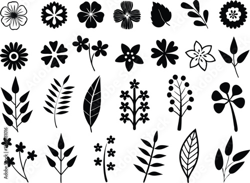 Botanical silhouettes of diverse plant species with floral and herb outlines in a vintage herbarium style

