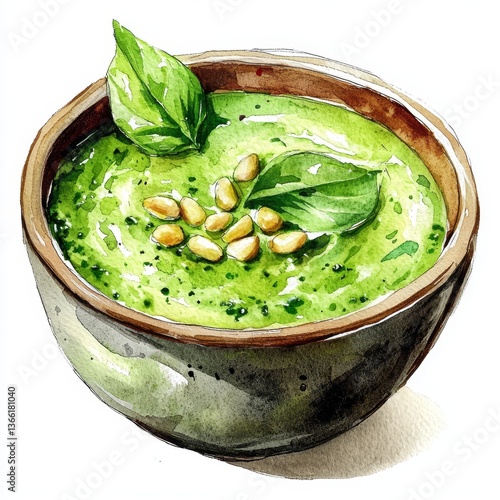 Brightly colored pesto accompanied by a sprinkle of pine nuts