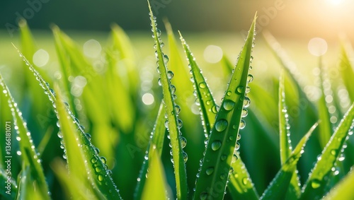 Nature Texture Background with Dewy Grass in the Morning Light