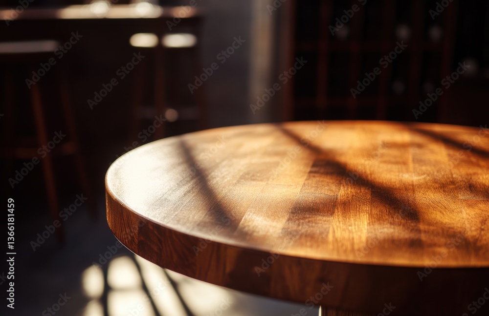 Obraz premium A beautiful, empty, round wooden tabletop counter in a clean and bright wine bar interior, with sunlight casting shadows