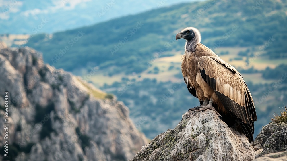 Fototapeta premium A large, beautiful vulture with a beard sits on a rocky mountain in the Pyrenees. It shows the beauty of wild animals in their home.
