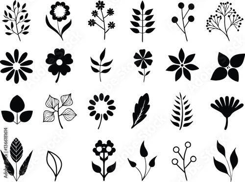 Botanical silhouettes of diverse plant species with floral and herb outlines in a vintage herbarium style

