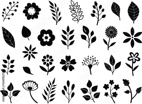 Botanical silhouettes of diverse plant species with floral and herb outlines in a vintage herbarium style

