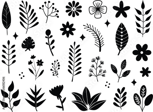 Botanical silhouettes of diverse plant species with floral and herb outlines in a vintage herbarium style

