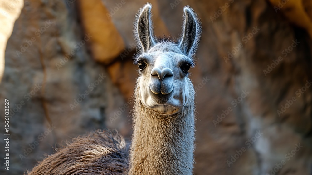 Fototapeta premium A llama is in its home. It has a long neck and soft fur. The land around it is brown, making it look grand.