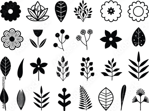Botanical silhouettes of diverse plant species with floral and herb outlines in a vintage herbarium style

