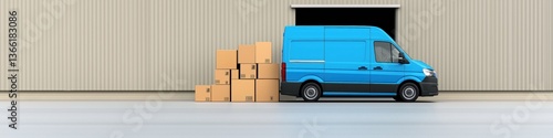 A blue van is parked in front of a building with a stack of boxes on the ground. The van is carrying a large amount of cargo, and the boxes are piled up in front of it