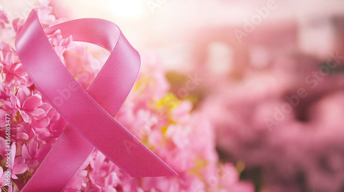 Pink Ribbon on Pink Flowers Breast Cancer Awareness, Support, Hope