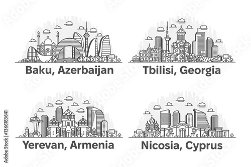 Baku, Azerbaijan, Tbilisi, Georgia, Yerevan, Armenia, Nicosia, Cyprus architecture line skyline illustration with shadows. Linear vector cityscape with famous landmarks, city sights, design icons.