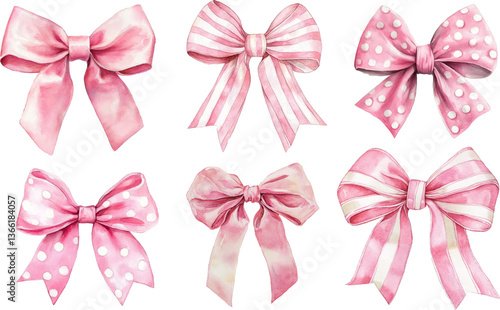 Watercolor clipart with different pink bows on a white background. Isolated children's illustration for textile and packaging

