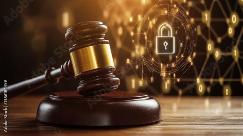 Wooden Gavel with Glowing Digital Padlock and Binary Code Background