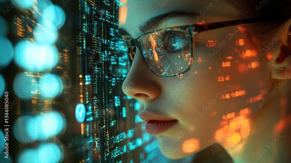 Woman, Code, Technology, Futuristic, Digital, Screen, Glasses, Neon, Lights, Glow, Cyberpunk, Data, Programming, Innovation, Interface, Network, System, Binary, Algorithm, Intelligence, Artificial Woman, Code, Technology, Futuristic, Digital, Screen, Glasses, Neon, Lights, Glow, Cyberpunk, Data, Programming, Innovation, Interface, Network, System, Binary, Algorithm, Intelligence, Artificial