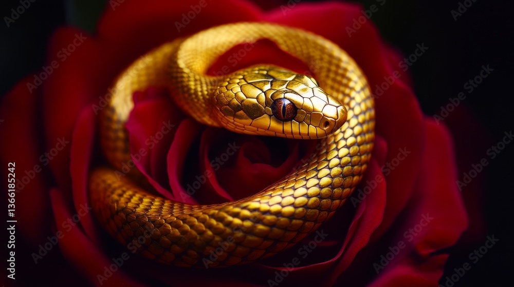 Fototapeta premium Close-up of a shimmering golden snake elegantly coiled on a single vibrant red rose, showcasing a harmonious blend of luxury, nature, and symbolic beauty.. AI Generation