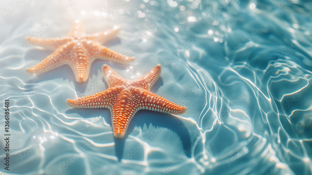 Abstract summer background, two starfish lie on the sea bottom, blue water with sun rays Abstract summer background, two starfish lie on the sea bottom, blue water with sun rays