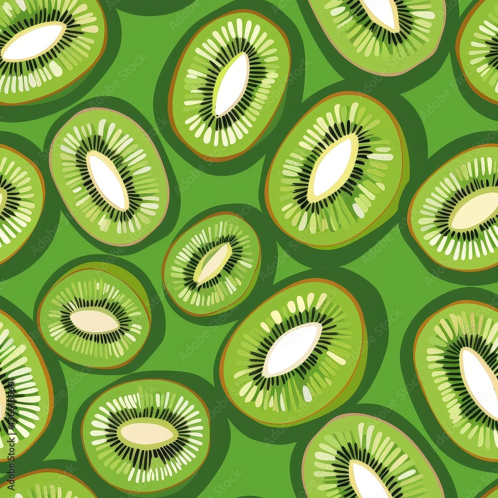 Fototapeta premium Seamless pattern of vibrant kiwi slices on green background, symbolizing tropical freshness and natural wellness. Perfect for food packaging, summer decor, and health-related promotions.