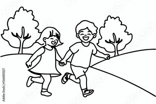 Charming detailed continuous line drawing of a joyful toddler girl playing with a toy