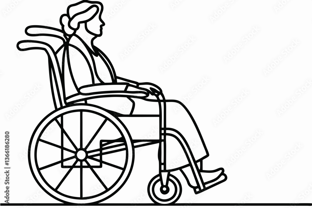 Elegant continuous line drawing of elderly woman in wheelchair, minimalist art concept Elegant continuous line drawing of elderly woman in wheelchair, minimalist art concept