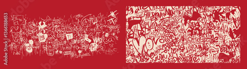 Graffiti 2D Illustration Pattern with a Red Background 4x Set