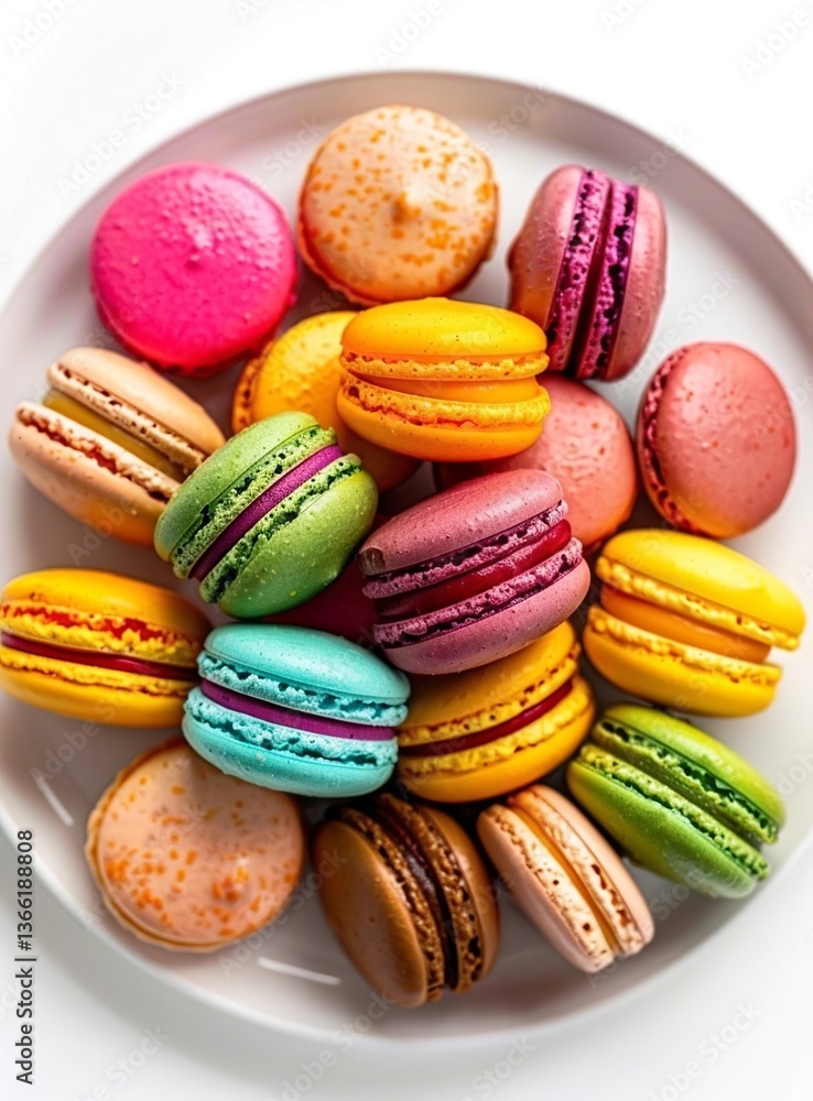 Colorful macarons on a plate, isolated against a white background. Detailed, high-quality Colorful macarons on a plate, isolated against a white background. Detailed, high-quality