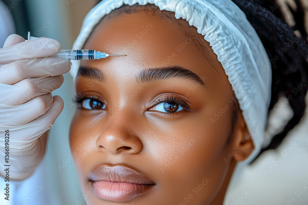 Beauty injection in the forehead. A beautician holds a syringe with filler near the forehead of a dark-skinned girl. Beauty treatments in a salon, aesthetic cosmetology and facial care.