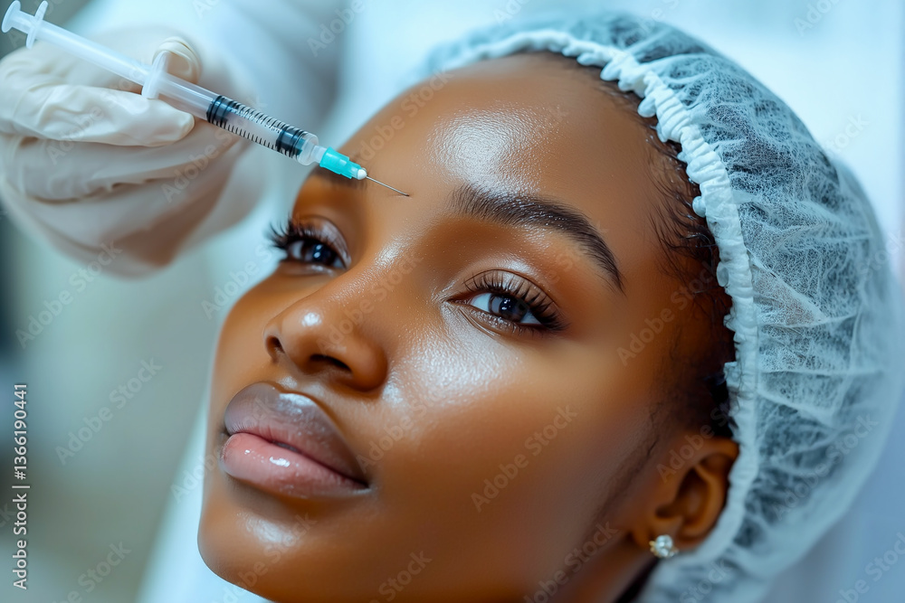 Beauty injection in the forehead. A beautician holds a syringe with filler near the forehead of a dark-skinned girl. Beauty treatments in a salon, aesthetic cosmetology and facial care.