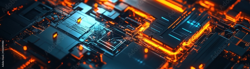 A futuristic digital token on the right side of an abstract dark blue background with orange lights A futuristic digital token on the right side of an abstract dark blue background with orange lights