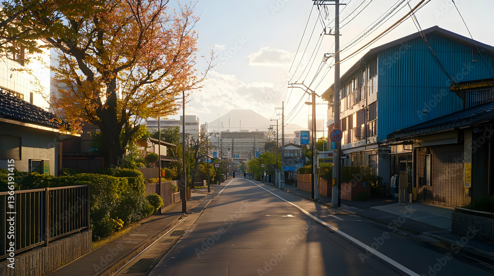 Japanese Street Scene View With Mountain And Buildings On Sunny Day During Autumn Season Japanese Street Scene View With Mountain And Buildings On Sunny Day During Autumn Season