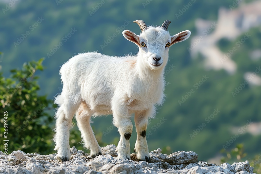 Obraz premium Cute white baby goat standing on rocks outdoors in natural environment