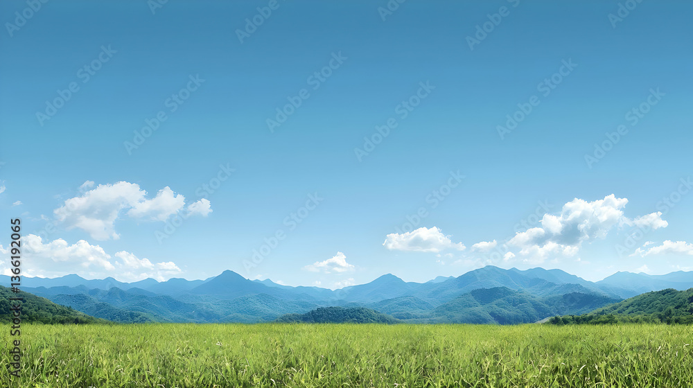 Fototapeta premium Panoramic View Of Lush Green Field With Distant Mountains And Bright Blue Sky
