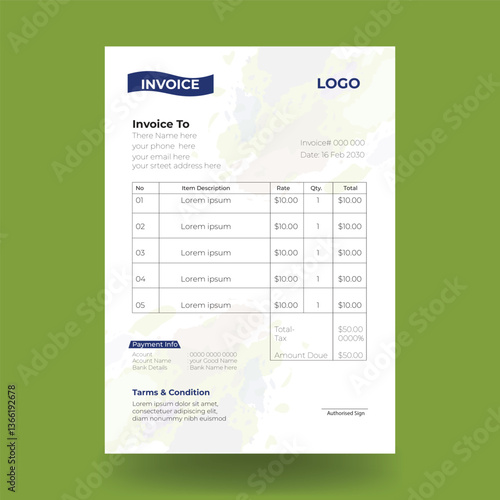 Clean invoice template design with mockup, invoice design template