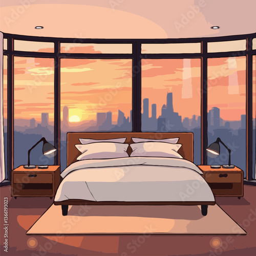 A Modern Bedroom with Panoramic Cityscape View at Dusk