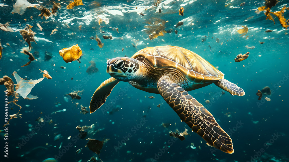 Obraz premium Sea turtle swimming amid ocean pollution and debris in turquoise waters