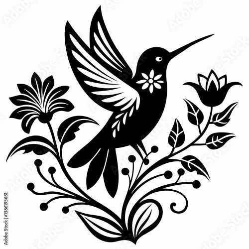 Elegant Hummingbird with Flowers Black and White Vector Illustration Art