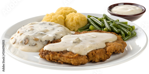 Old-Fashioned Country Fried Steak: Tender Beef Cutlet, Crispy Golden Breading, Creamy Pepper Gravy & Your Choice of Side.