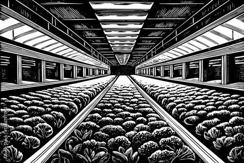 A futuristic microclimate farming system hand drawn sketch with rows of vegetables thriving under precise conditions black and white outline