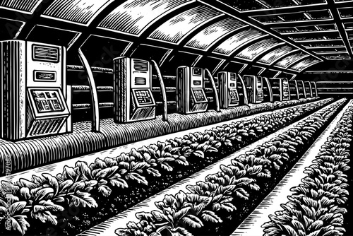 A futuristic microclimate farming system hand drawn sketch with rows of vegetables thriving under precise conditions black and white outline