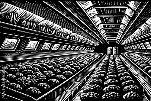 A futuristic microclimate farming system hand drawn sketch with rows of vegetables thriving under precise conditions black and white outline