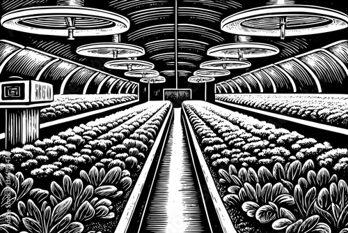 A futuristic microclimate farming system hand drawn sketch with rows of vegetables thriving under precise conditions black and white outline